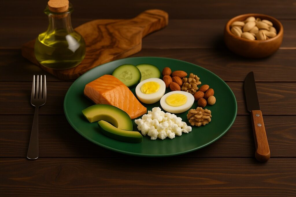 A rustic flat lay of a healthy meal with salmon, eggs, avocado, nuts, and cheese on a forest green plate beside a small olive oil bottle on a dark wooden table — symbolizing balance, clarity, and the physical benefits of fasting.