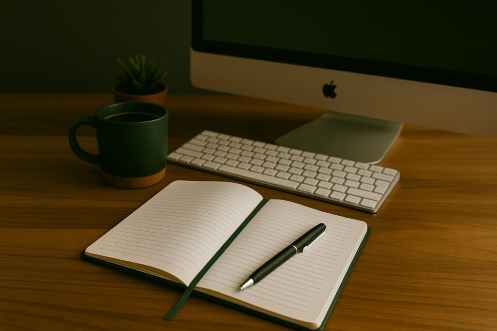 Minimalist wooden workspace with an open notebook, forest-green mug, and pen beside a computer — symbolizing focus, small progress, and steady daily growth.