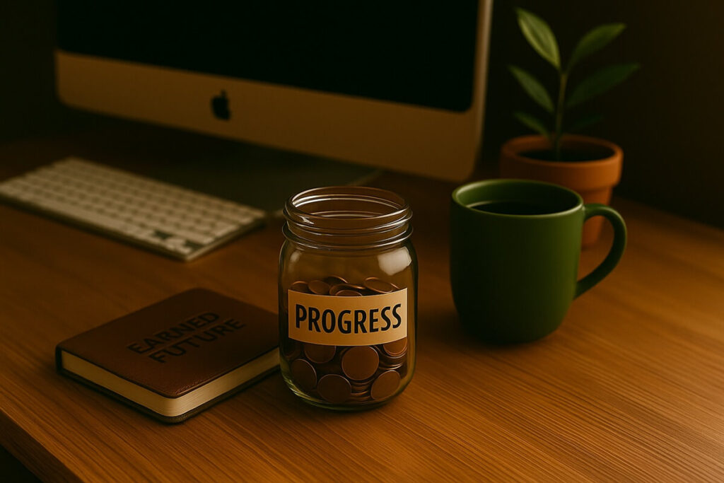 Glass jar labeled ‘Progress’ filled with coins beside a green mug and notebook — symbolizing the 1% system, small wins, financial growth, and steady daily effort.