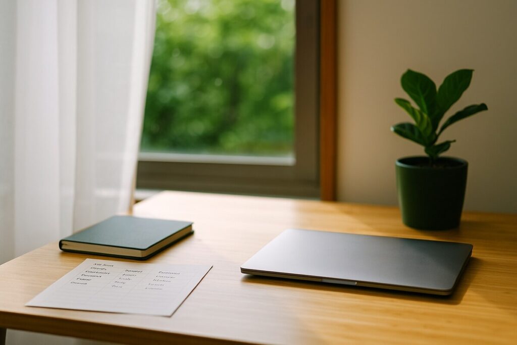Calm rustic workspace with a closed laptop on a wooden desk near a sunlit window, soft greenery outside, symbolizing freedom and simplicity after automating bills.