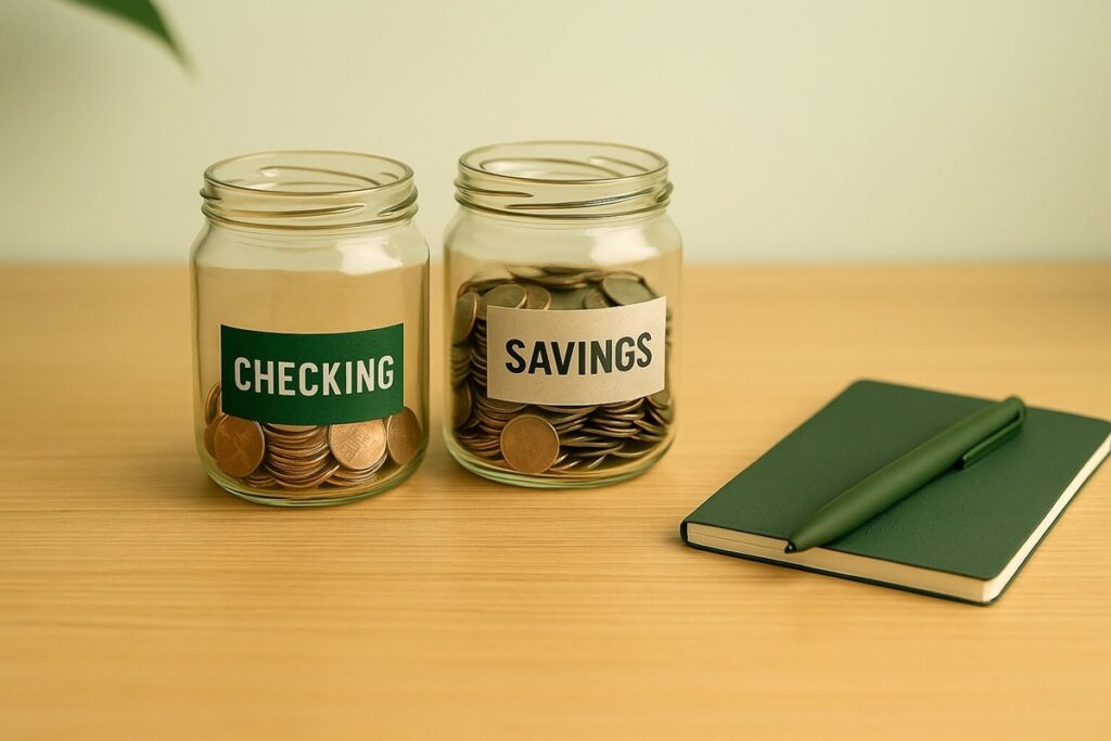 Two glass jars labeled ‘Checking’ and ‘Savings’ on a light wooden desk, separated slightly to show financial boundaries. A green notebook and pen rest nearby — symbolizing an emergency fund and calm financial structure in the Earned Future forest-green aesthetic.
