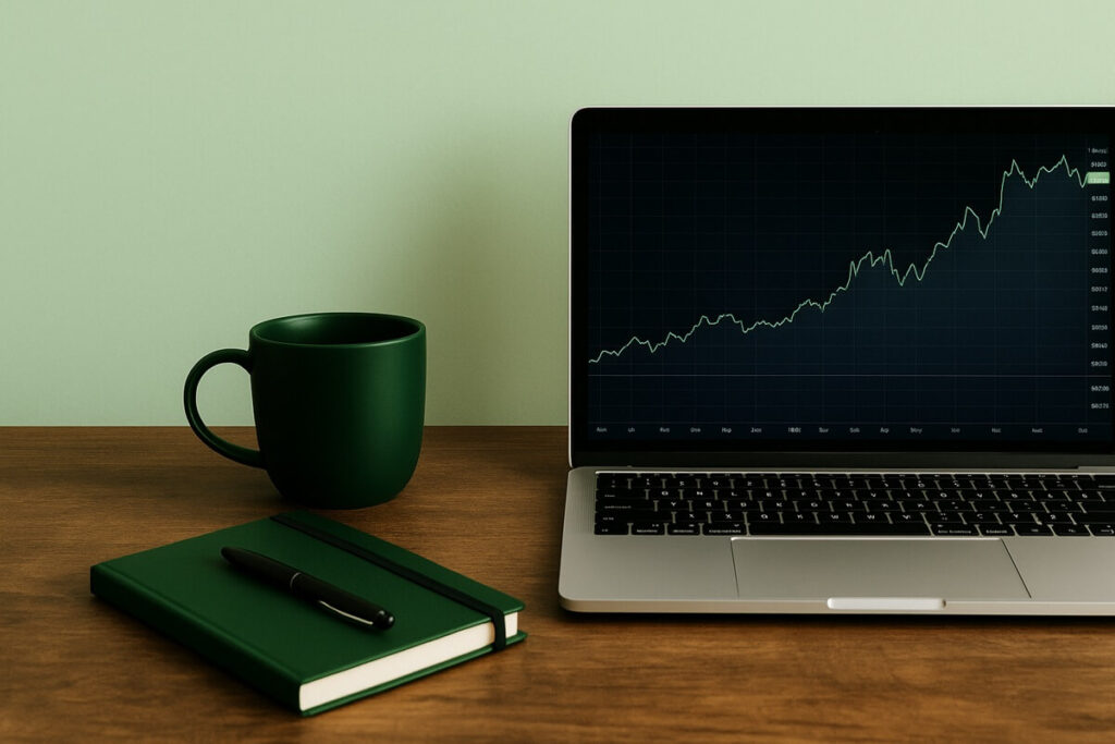 Rustic desk with laptop showing upward stock chart, green notebook, mug, and light green background — representing consistent investing and growth.