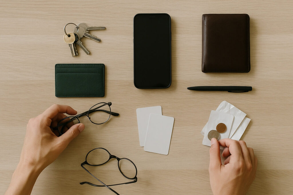 A minimalist flat lay of everyday carry items being sorted on a wooden surface — hands holding glasses near a forest green cardholder, keys, wallet, coins, and receipts, symbolizing decluttering and intentional living.