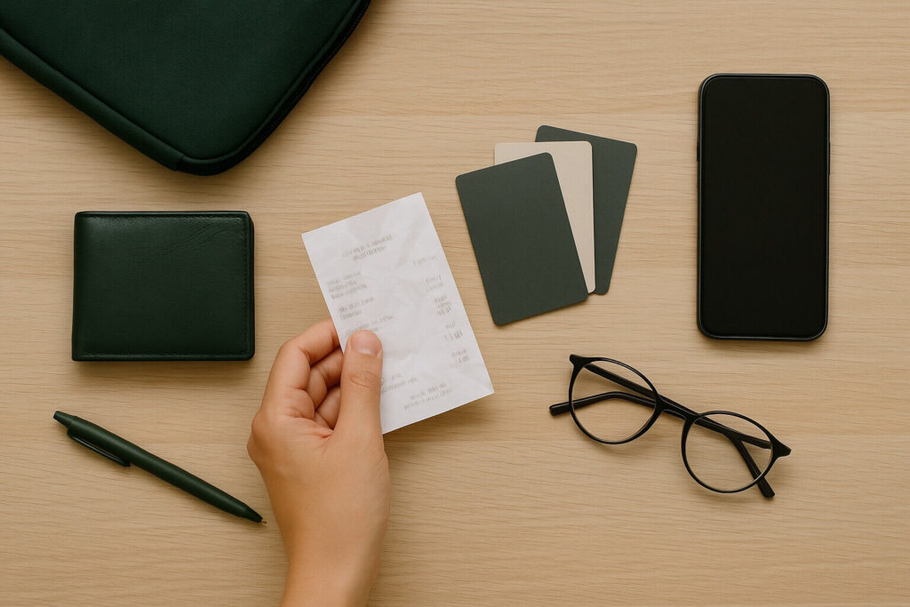 A minimalist flat lay of everyday carry items on a light wooden surface — a forest green wallet, pen, and cards beside a phone and glasses, symbolizing simplicity and intentional living.
