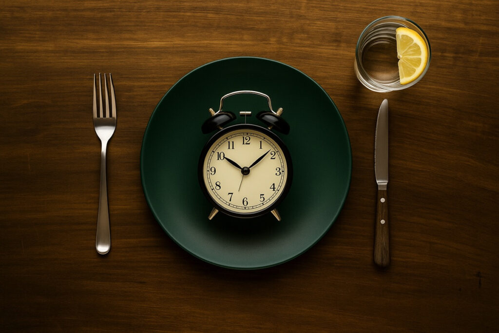 A green ceramic plate with a small silver clock in the center and a lemon water glass on a rustic dark wooden table under soft natural light — representing fasting, clarity, and calm focus.