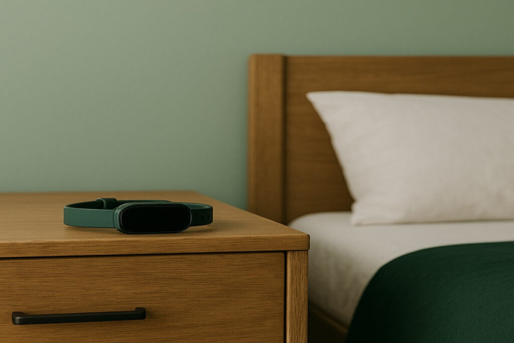 Fitness tracker with green band resting on a rustic wooden dresser beside a neatly made bed — minimalist scene symbolizing consistency and daily routine.