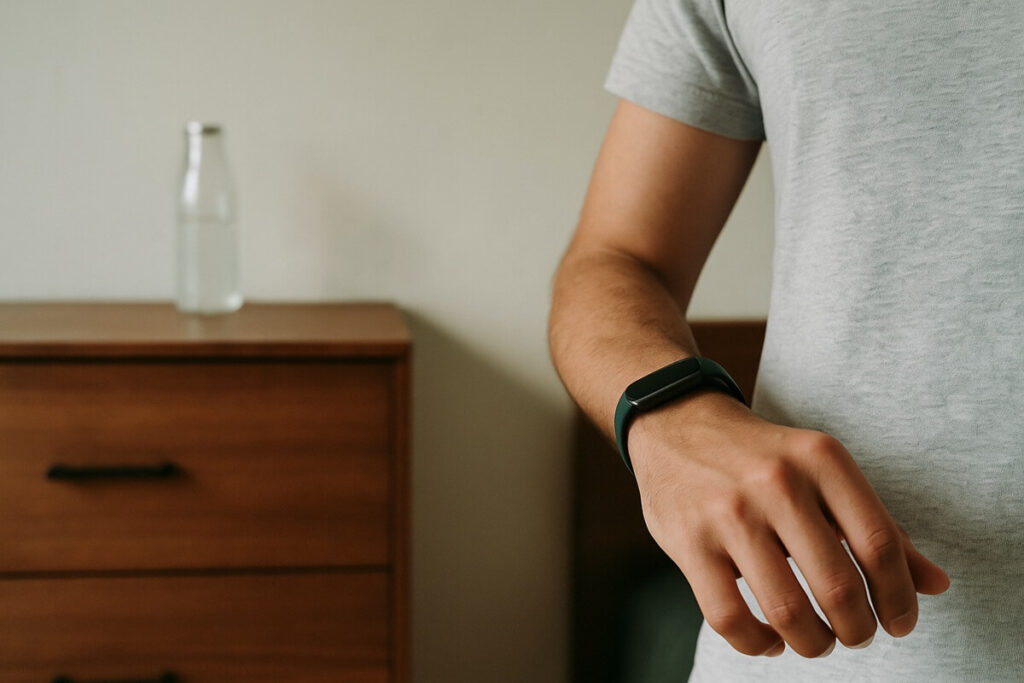 Person wearing a forest-green fitness tracker beside a rustic wooden dresser in natural morning light — calm minimalist scene symbolizing consistent daily progress.