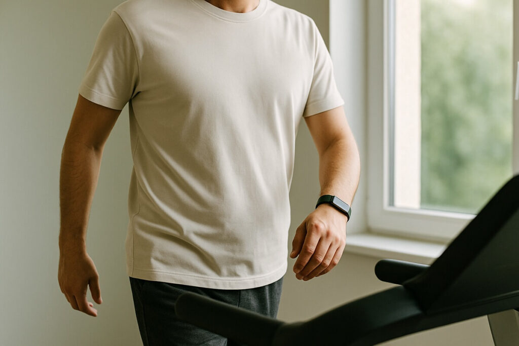 Person walking on a treadmill wearing a fitness tracker to stay consistent with daily movement.