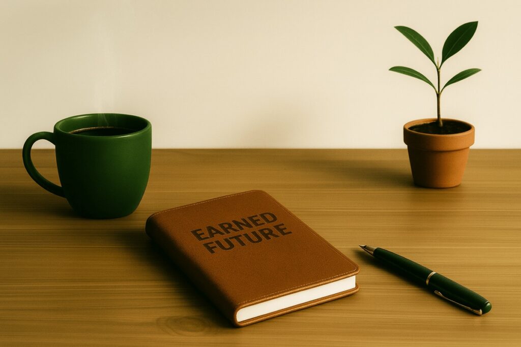 Earned Future notebook with green coffee mug and plant on wooden desk — symbolizing calm focus and financial freedom.