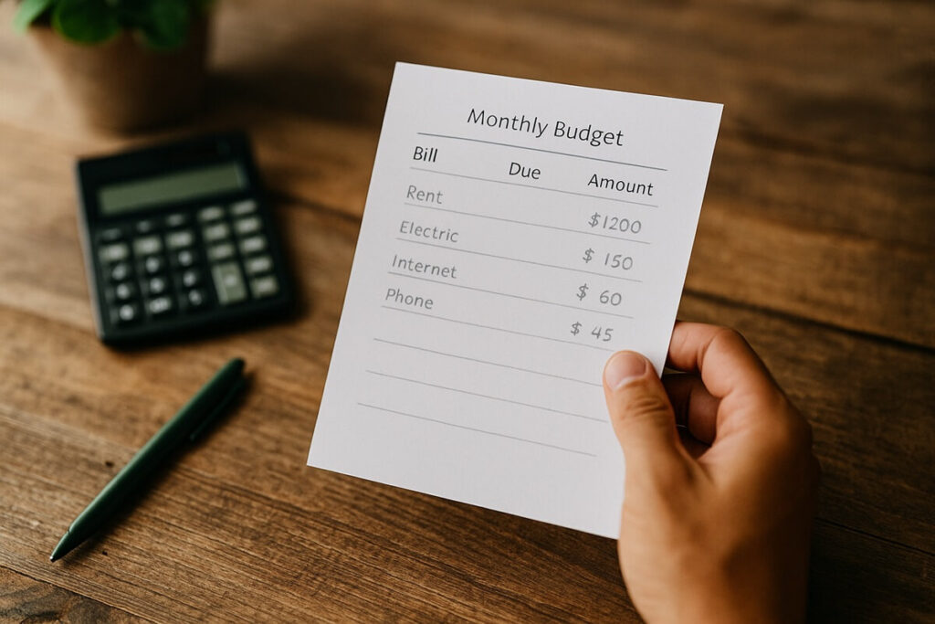 Hand holding a monthly budget sheet beside a calculator and pen — showing how to automate your bills with a simple plan.