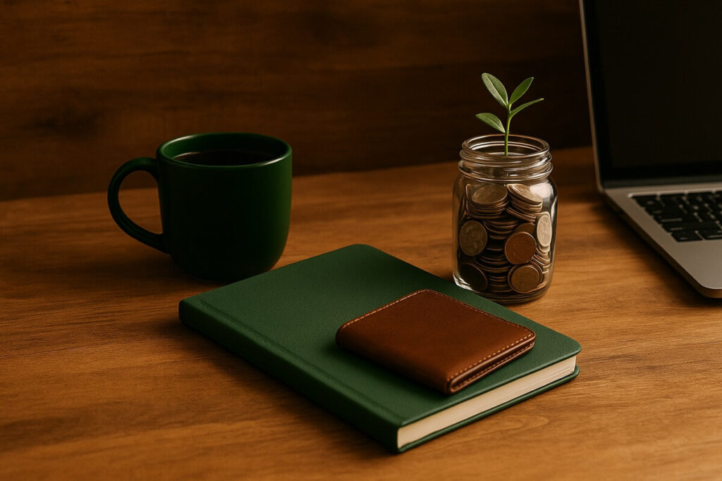 Rustic wooden workstation with forest-green notebook, forest-green mug, leather wallet, and jar of coins in warm daylight — calm Earned Future aesthetic.