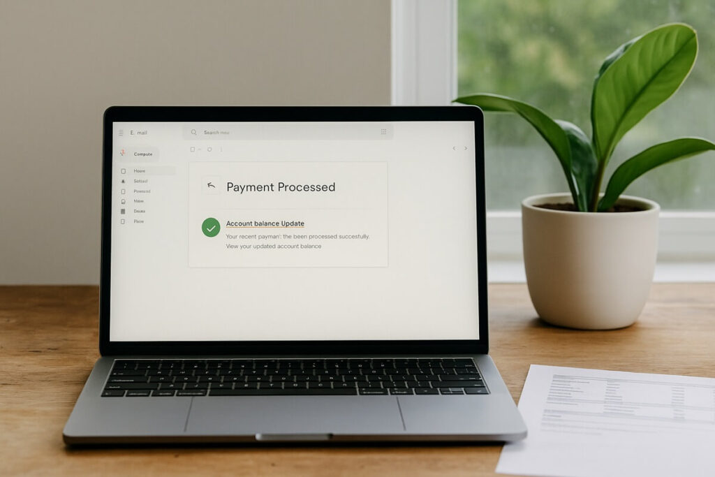 Laptop displaying a “Payment Processed” alert beside a green plant on a rustic desk in natural light.