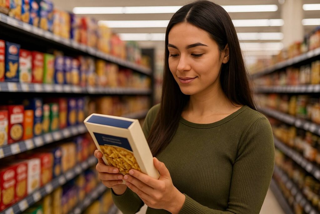 A shopper in a grocery aisle holding a food product and examining the front label under soft natural lighting — Earned Future clean minimalist aesthetic.