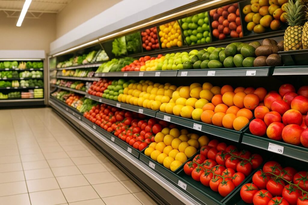 A clean, minimalist outdoor market where people learn to shop cleaner, showing fresh produce stands under soft natural light — Earned Future calm lifestyle aesthetic.