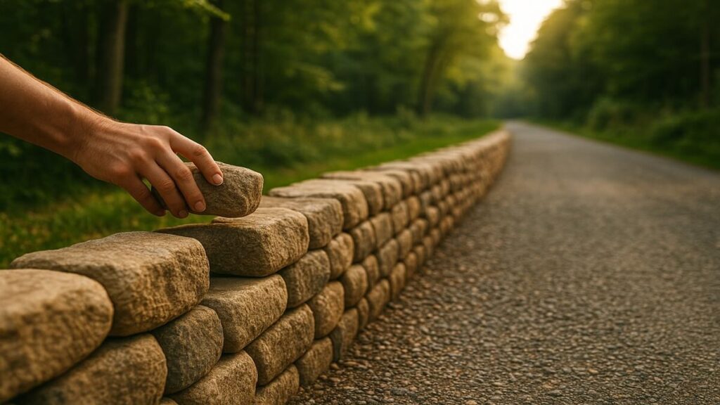 Hand placing a single stone on a wall, symbolizing steady progress and small wins. Earned Future simple-living theme.