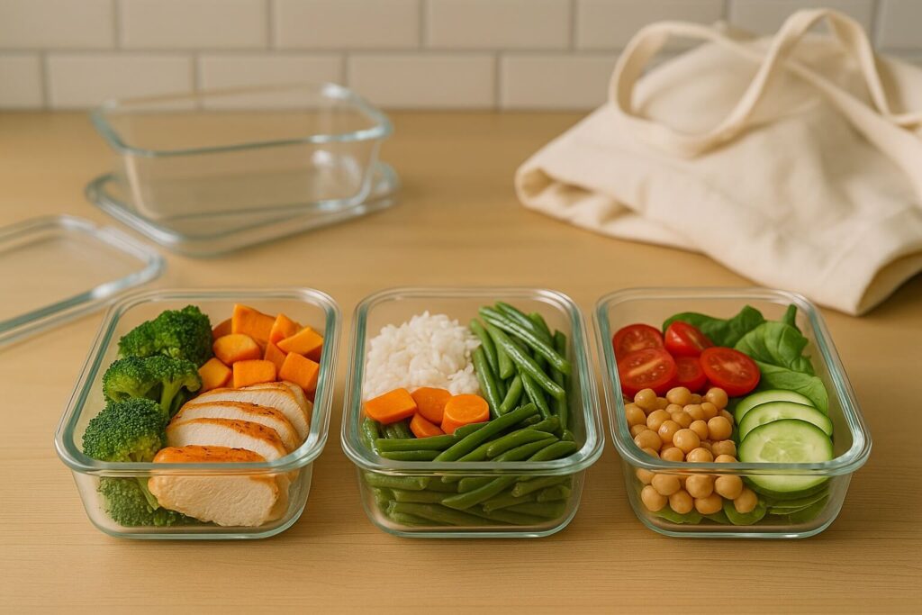 Glass meal prep containers neatly stacked on a wooden kitchen surface, filled with colorful healthy food under soft natural light — Earned Future clean living aesthetic.