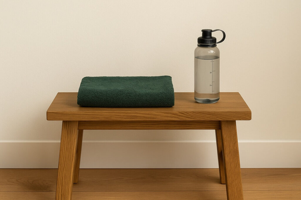 A folded dark-green towel and a clear water bottle on a wooden bench under soft natural light — minimalist scene symbolizing staying consistent and calm daily readiness.