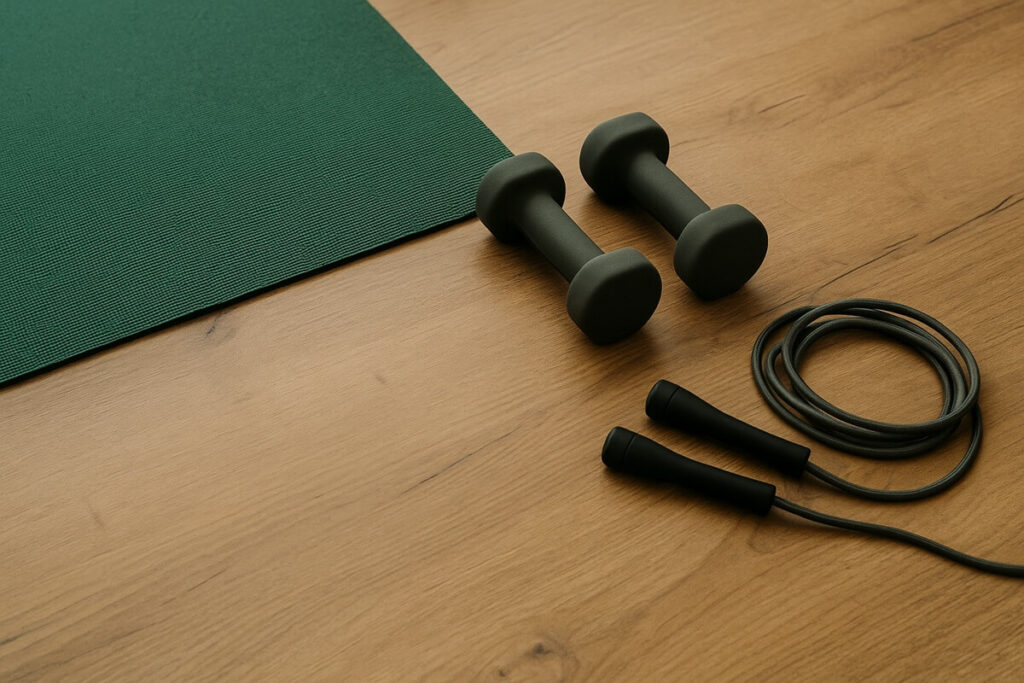 Forest-green yoga mat, gray dumbbells, and jump rope arranged neatly on a wooden floor — minimalist fitness setup symbolizing staying consistent and daily movement.