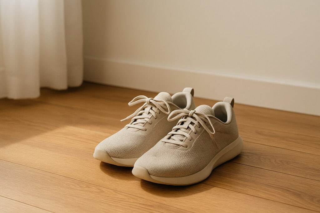 Beige sneakers placed neatly on a wooden floor in warm natural light, symbolizing small daily movement and consistent habits.