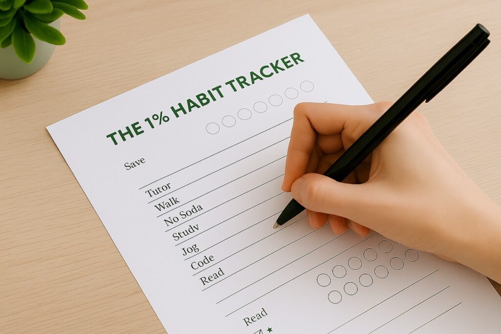Hand filling out “The 1 % Habit Tracker” sheet on a wooden desk, showing small daily goals like saving, studying, and walking — representing steady progress and focus.
