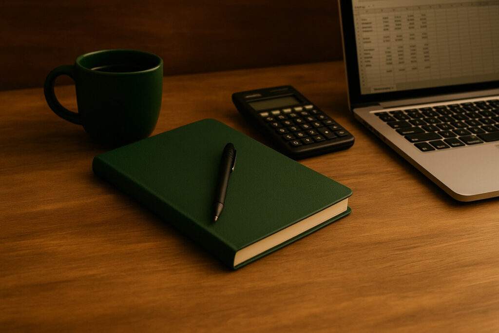 Minimal rustic desk with forest-green notebook, pen, calculator, and mug — representing awareness, tracking finances, and building simple money habits.