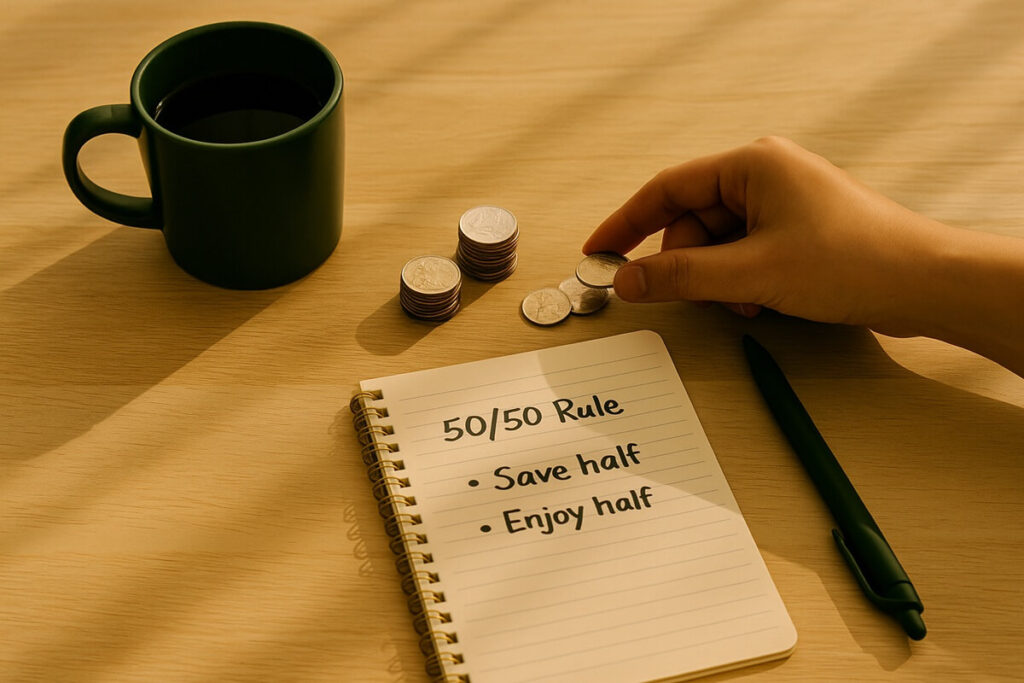 Open green notebook with pen and coffee mug on rustic wooden desk in natural sunlight — minimalist Earned Future aesthetic representing thoughtful financial balance.