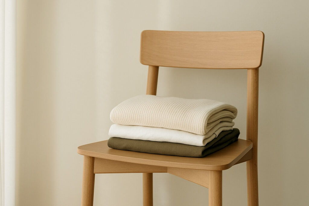 Neatly folded neutral clothes stacked on a wooden chair in natural morning light, symbolizing calm progress and small daily wins.