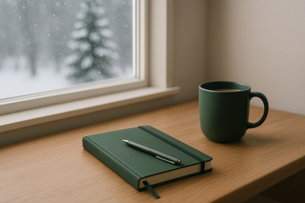 Calm minimalist desk with a green notebook and coffee beside a snowy window — symbolizing a simpler season and steady daily systems.