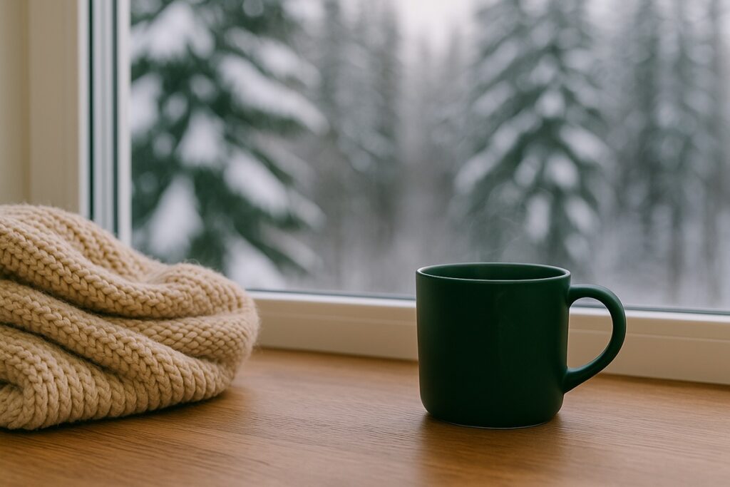 Forest-green mug beside a folded blanket on a wooden desk near a snowy window — a calm winter scene symbolizing a simpler season and quiet reflection.