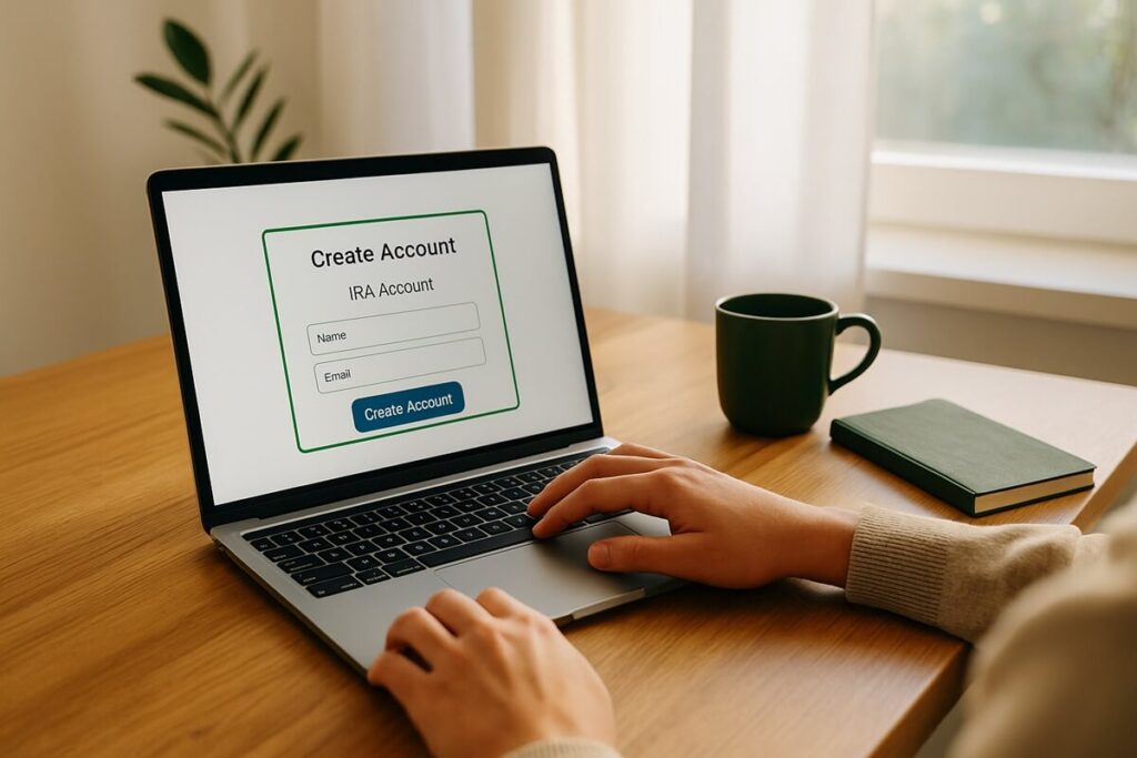 Wide-angle workspace scene showing a person using a laptop with a create account screen open, symbolizing starting a Roth IRA vs Traditional IRA and taking the first step toward financial freedom.