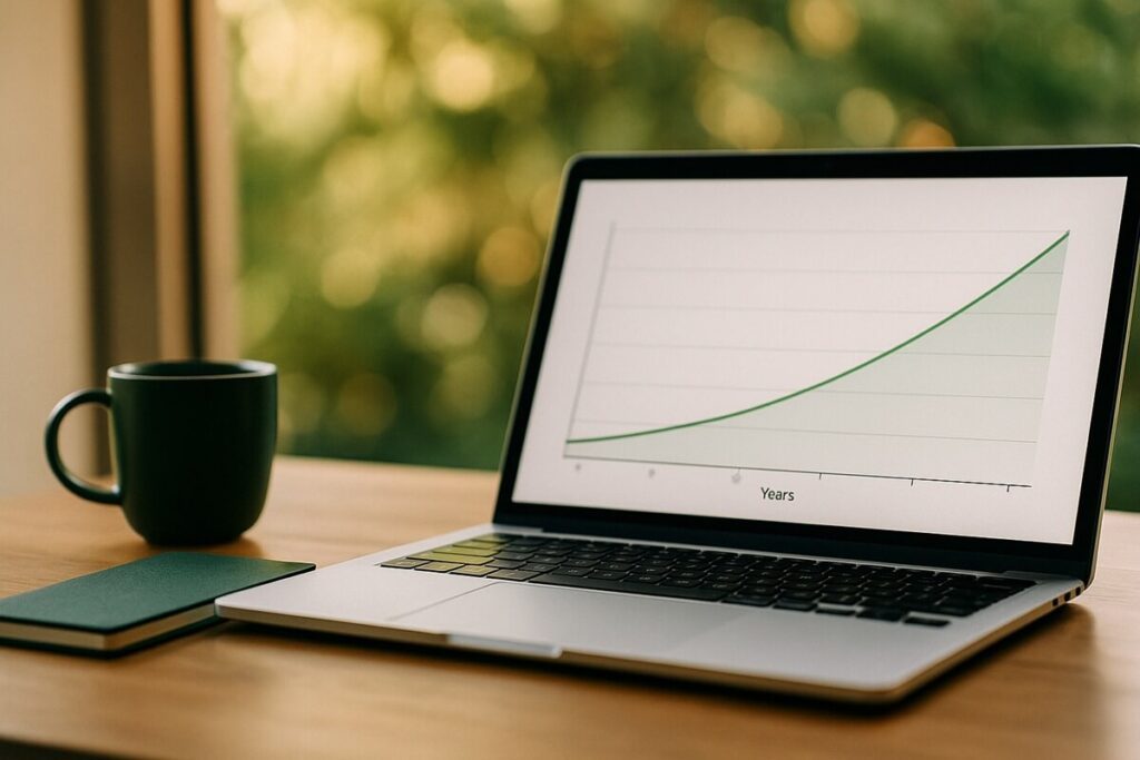 Laptop screen displaying an upward-trending financial chart beside a green notebook and coffee mug, representing how a Roth IRA vs Traditional IRA can grow through long-term investing and compounding.