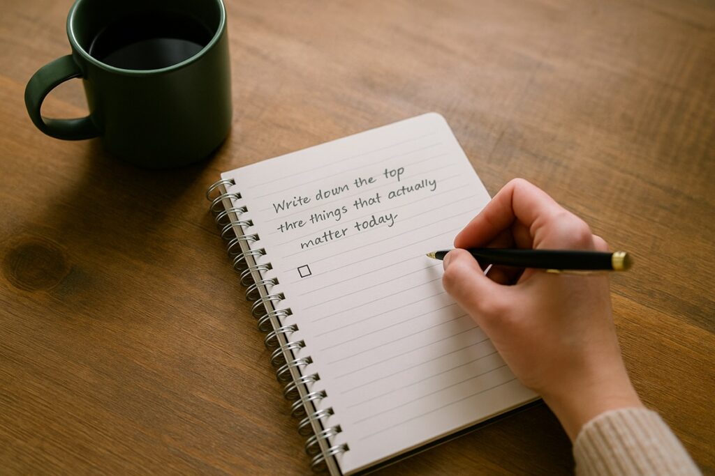 A hand writes in a notebook beside a forest-green mug, showing how to reset your mind by focusing on what actually matters today.