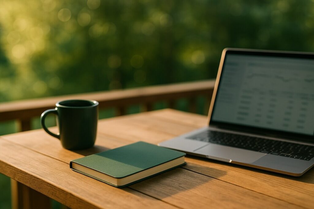 Outdoor minimalist workspace with a forest-green notebook, coffee mug, and laptop on a wooden table in warm sunlight — symbolizing financial freedom and steady growth.