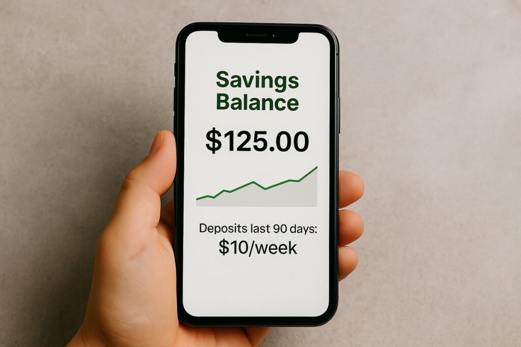 Phone screen showing a $125 savings balance built from $10 weekly transfers over 90 days, illustrating how the pay yourself first system grows quietly over time.