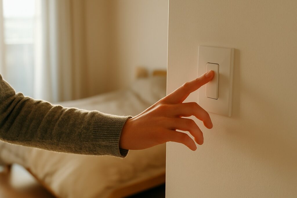 A right hand gently flipping a light switch in soft morning light on a clean white wall, illustrating tips for habit stacking and helping readers make simple routines easier to follow.