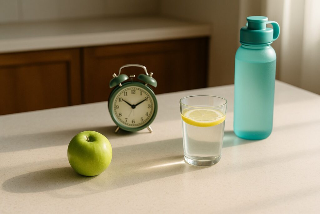 A green apple, lemon water, and a teal water bottle on a clean light countertop in soft morning light, illustrating tips for habit stacking and helping readers build simple, steady healthy routines.