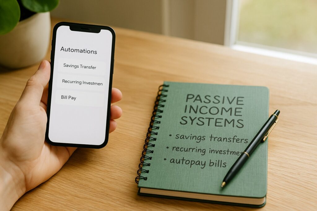 A hand holding a smartphone showing simple financial automations next to a green notebook labeled “Passive Income Systems,” with a pen resting on it on a wooden desk, illustrating how small automated steps support passive income.