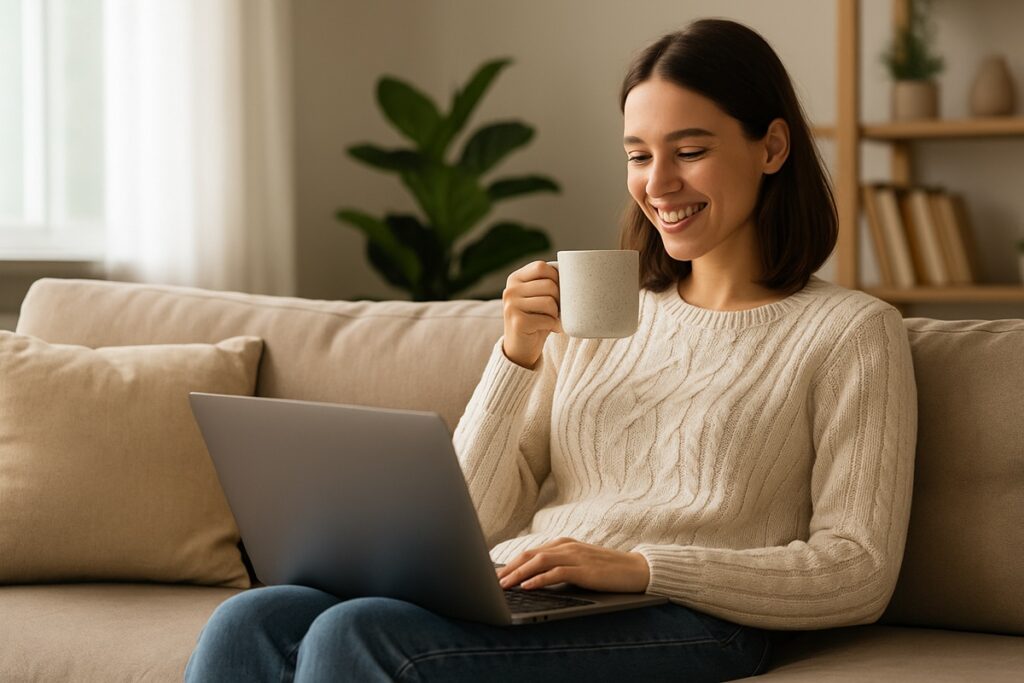 A young woman sitting comfortably on a couch with a laptop on her lap, warm morning light beside her, creating a calm scene that represents how passive income systems support everyday life.