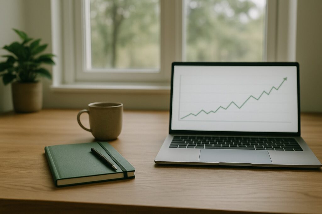 A clean wooden desk with a laptop showing a simple upward trend chart, a green notebook with a pen, a ceramic coffee mug, and a window with soft natural light — illustrating passive income systems and steady financial growth.