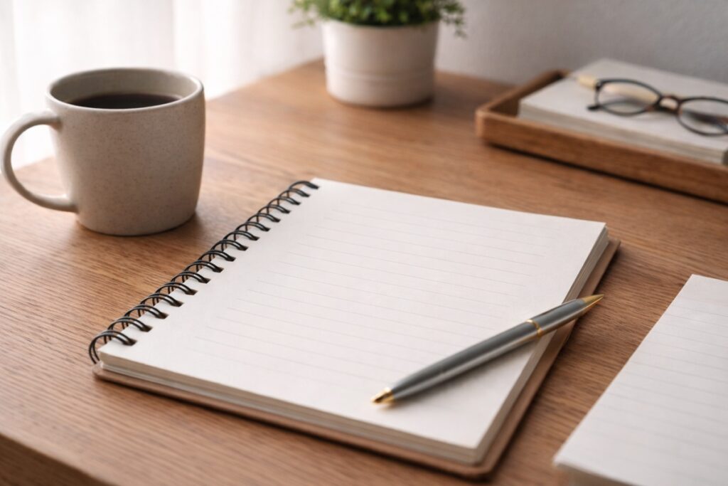 A spiral notebook labeled “Monthly Budget” on a wooden desk with a pen and coffee mug, illustrating how to budget your money with a simple, calm system.