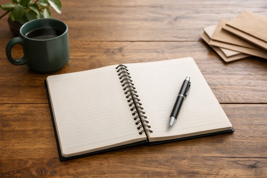 A minimalist wooden desk with a notebook and pen, illustrating how to budget your money and create a calm, simple monthly money system.