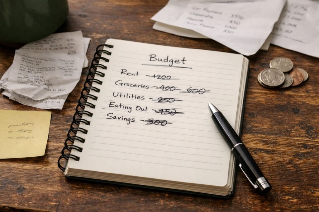 An open notebook with handwritten budget notes on a desk, illustrating how a budget works at first through awareness rather than long-term structure.