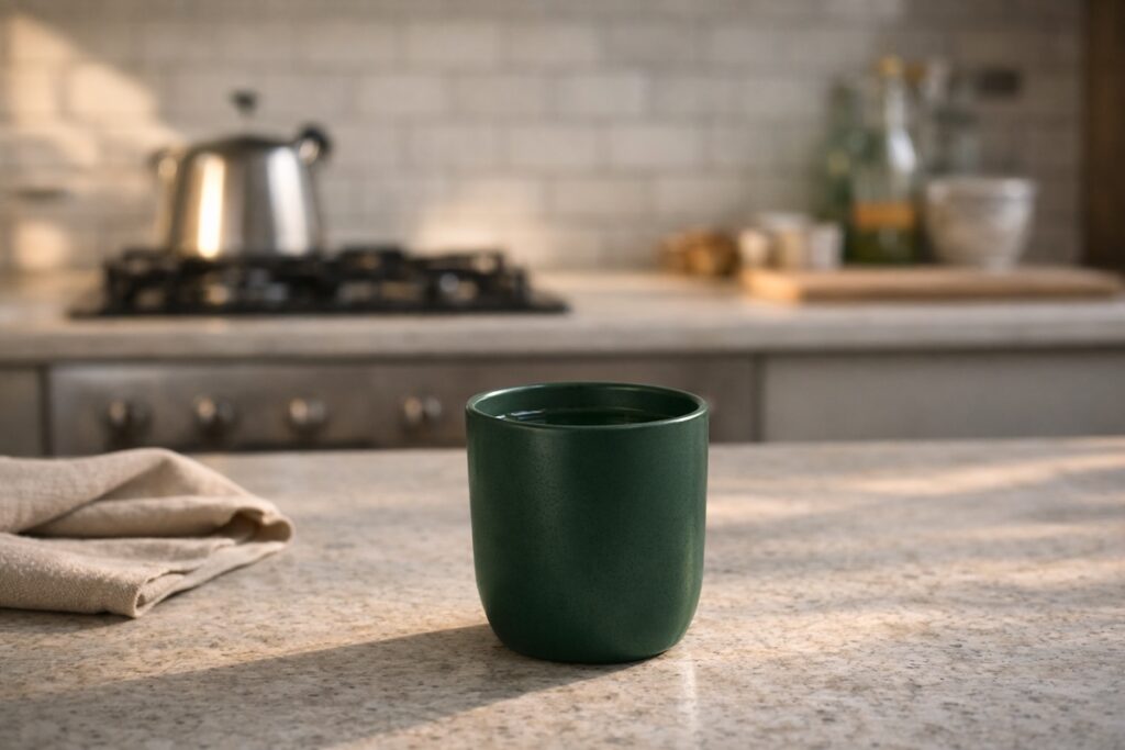 Ceramic cup on a kitchen counter in morning light, illustrating a simple routine to hydrate first thing without overthinking.