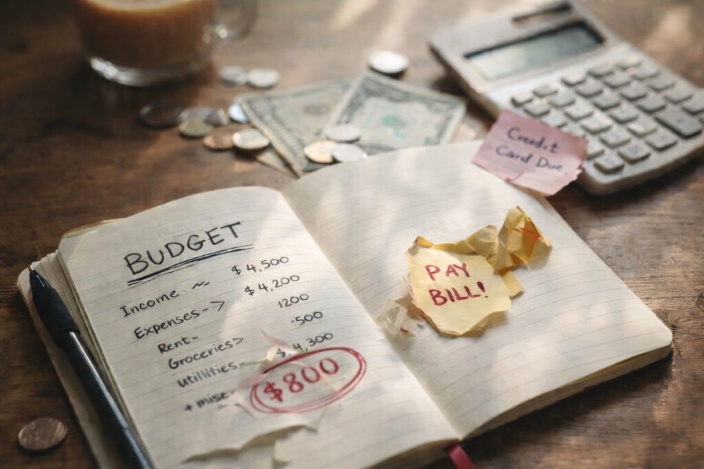 An open notebook with handwritten budget notes and scattered papers on a wooden desk, symbolizing how a budget works at first but slowly breaks down over time.