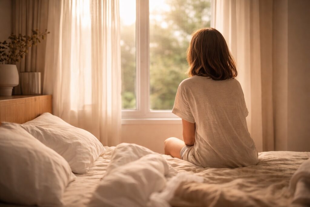 A person sitting quietly on a bed in soft morning light, reflecting on recovery and why you never feel rested.