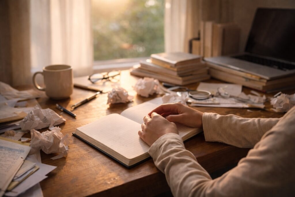 Hands resting on an open notebook at a cluttered desk in morning light, illustrating recovery debt and why you never feel rested.