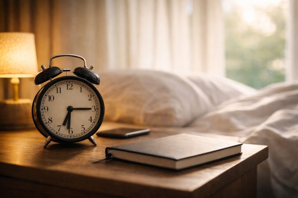 Soft morning light on a bedside table with a notebook, illustrating calm recovery and why you never feel rested.