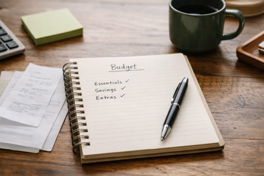 A simple budgeting setup with a notebook and pen, representing a calm money system designed to keep working long term without constant attention.
