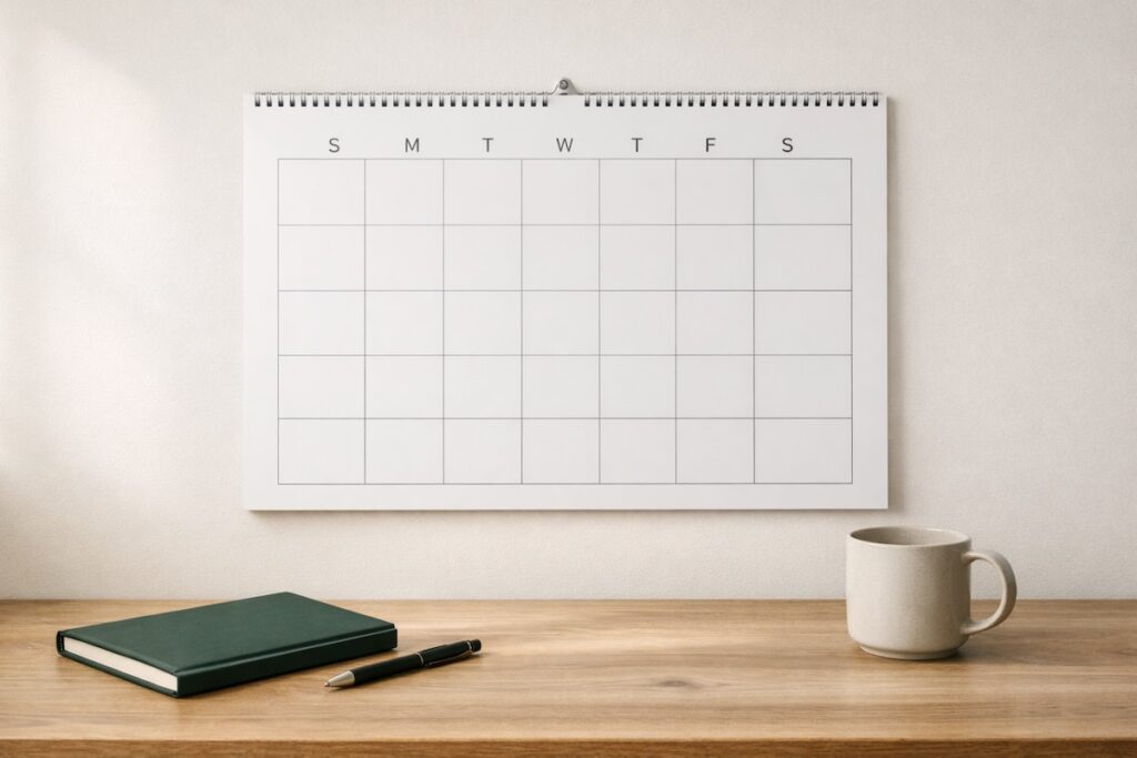 Minimalist workspace with a blank wall calendar above a wooden desk, illustrating the purpose of an emergency fund and helping readers understand timing gaps and financial stability.