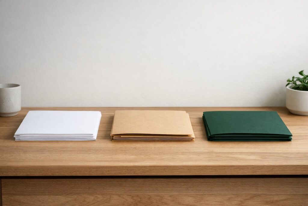 Three neatly separated stacks of colored folders on a minimalist wooden desk, illustrating the purpose of an emergency fund and how it fits within a structured money system.